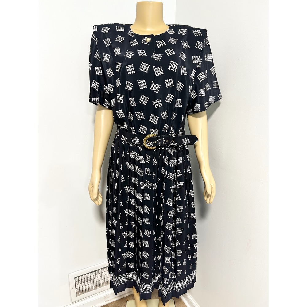 Leslie Fay Vintage Navy Blue Geometric Dot Pleated Midi Dress with Belt Size 14W